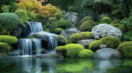 Tranquil Waterfall in a Lush Japanese Garden