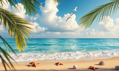 Obraz premium travel to beautiful summer beach tropical sea with palm leaves