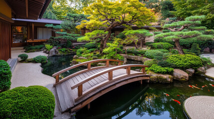 Naklejka premium Japanese Garden with Wooden Bridge and Koi Pond