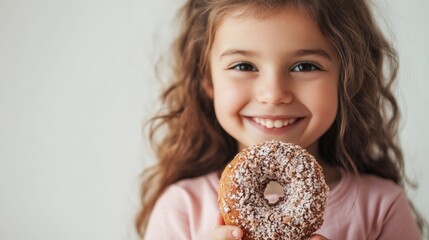 Happy Little Girl Smiling Holding Powdered Donut Joyful Childhood Moments.