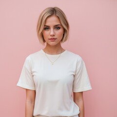 Fototapeta premium Stylish young female with striking features on soft pink backdrop 