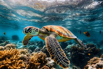 Obraz premium turtle swimming underwater on tropical clear water corals