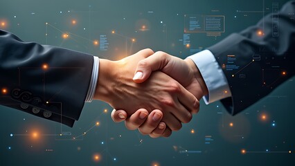 Deal. business man shaking hands with effect global network link connection and graph chart of stock market graphic diagram, digital technology, internet communication, teamwork, partnership concept