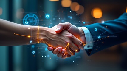 Deal. business man shaking hands with effect global network link connection and graph chart of stock market graphic diagram, digital technology, internet communication, teamwork, partnership concept