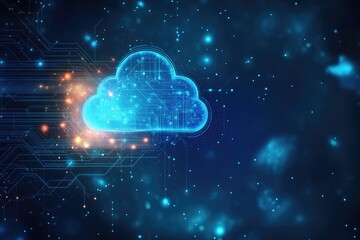 Futuristic cloud symbol set against a cosmic background, representing technology, data storage, and digital innovation.