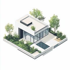 modern house in the garden, 3d render of a modern house