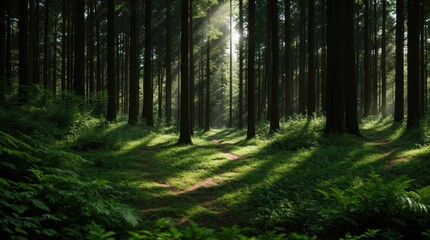 Fototapeta premium Sunlight filtering through lush forest illuminating pathway bordered by tall trees and ferns 