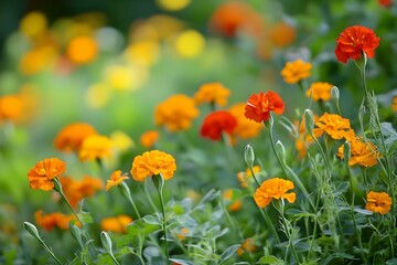 Fototapeta premium marigolds and nasturtiums flowers fields