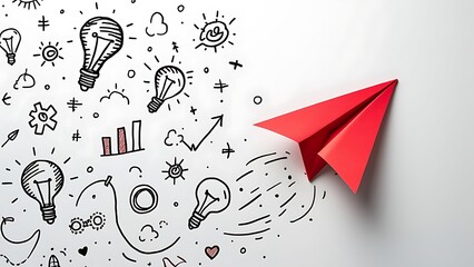 Red paper plane and business strategy on white background, Business success, innovation and solution concept, copy space