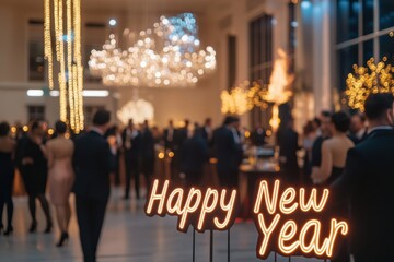 New Year Eve Gala Collage: Photos of a glamorous gala event with people in formal attire, chandeliers, and elegant decor. The text "Happy New Year" in a luxurious, formal font.