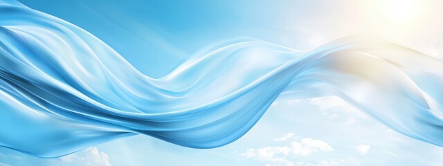 Fototapeta premium A clear blue sky dotted with white clouds houses a radiant sun in its center In the foreground, a flowing fabric adds texture