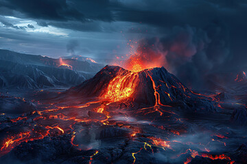 Generative ai on theme of erupting volcano with cascading hot lava surrounded thick white smoke