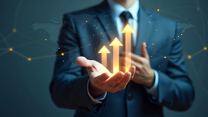 Information of business from network. Business growth. Businessperson, arrows and network structure.