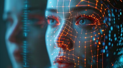  Close up  woman's face with digital overlays showcasing facial recognition technology and data visualization in  futuristic setting