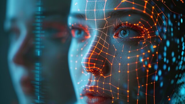  Close up  woman's face with digital overlays showcasing facial recognition technology and data visualization in  futuristic setting