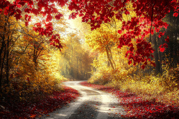 Fototapeta premium A serene autumn scene featuring a winding path surrounded by vibrant red and orange foliage.