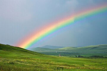 Obraz premium Generative ai on theme of beautiful tranquil landscape with magical bright rainbow at cloudy sky