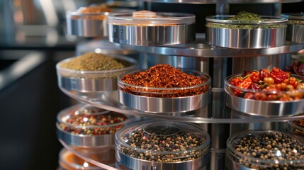 Spice Rack: A convenient organizer for various spices and herbs, designed as a rotating carousel, wall-mounted rack, or drawer insert for easy access and organization.
