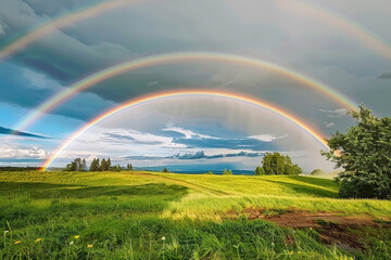 Generative ai on theme of beautiful tranquil landscape with magical bright rainbow at cloudy sky