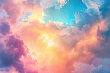 Generative ai on theme of beautiful tranquil landscape with magical bright rainbow at cloudy sky