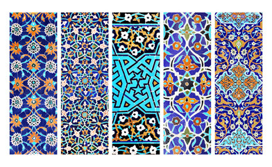 Set of vertical or horizontal banners with detail of ancient mosaic walls with floral and geometric...