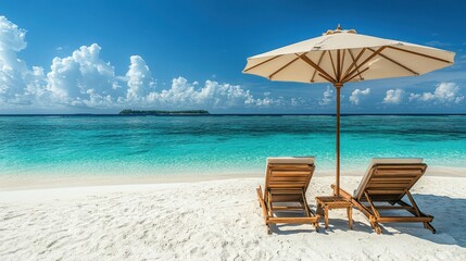 Obraz premium Tropical Beach with Wooden Lounge Chairs and Umbrella Overlooking Crystal Clear Ocean
