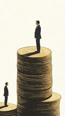 The High Cost of Success: A Businessman Stands Atop A Tower Of Coins, Reaching New Heights Of Wealth.