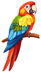 Fototapeta premium A Vibrant Macaw Perched on a Branch, Its Feathers a Symphony of Colors Against a Pure White Background.