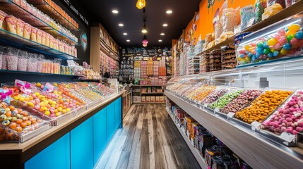 Modern Candy Store Interior with Colorful Assortment of Sweets and Confectionery Display.