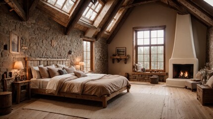 Tranquil rustic resting place with a fireplace, broad windows, and wooden beams 