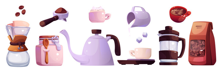 Barista coffee cup with milk to drink icon set. Cafe or restaurant isolated shop design for espresso maker. Morning caffeine drawing with press. Cappuccino tool for coffeehouse vendor concept