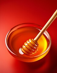 Honey with wooden dipper on red background