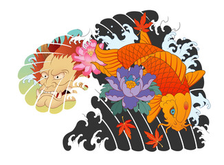 Hanya, carp, Japanese irezumi style tattoo design, chest short sleeve. color work, koi fish  건대타투 타투달 잉어, 한야 문신도안, 타투도안 