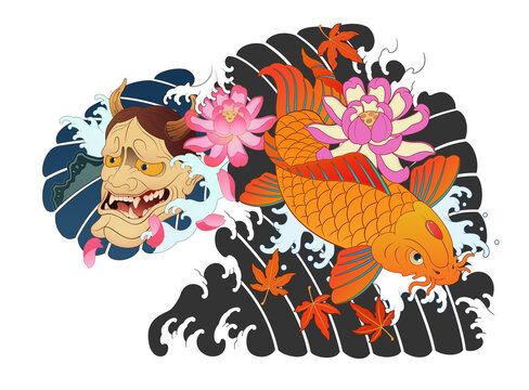 Hanya, carp, Japanese irezumi style tattoo design, chest short sleeve. color work, koi fish  건대타투 타투달 잉어, 한야 문신도안, 타투도안 