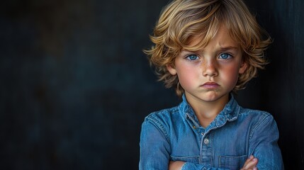 Hyperrealistic Portrait of a Young Boy with an Angry Expression, Wearing Jeans and a Blue Shirt, Standing with Arms Crossed Against a Dark Background - Captured in High Resolution with Soft Lighting