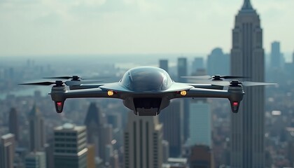 Futuristic drone flying over a city skyline. This compact aircraft showcases advanced technology, perfect for aerial photography and surveillance.