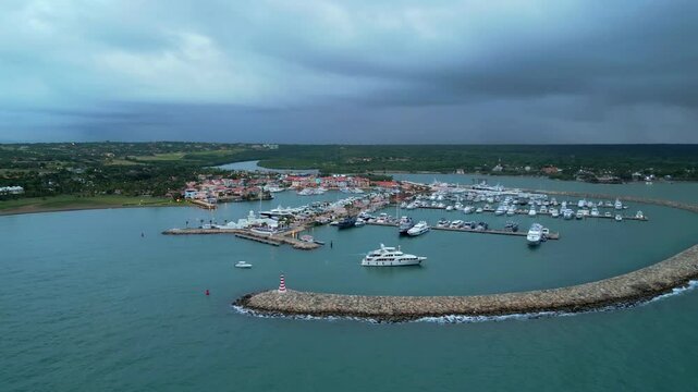 Casa de Campo lighthouse and port, La Romana in Dominican Republic. Aerial drone sideways