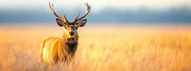  A deer in a tall grass field, gazing to the side with its head turned
