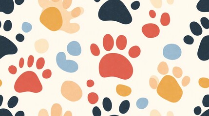 Fototapeta premium Colorful Paw Prints Pattern: A playful and vibrant seamless pattern featuring paw prints in a variety of colors, perfect for pet-themed projects, textiles, and home decor. 