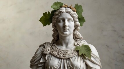  Roman Greek white marble bust of a woman adorned with grape leaves, set against a light background. Cultural heritage