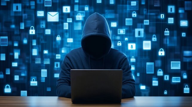 A mysterious figure in hoodie sits in front of laptop, surrounded by digital icons representing internet safety and security.