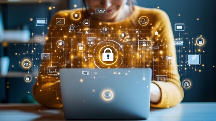 Fototapeta premium A person is engaged with laptop, surrounded by digital icons representing internet safety and security. glowing lock symbol emphasizes importance of safeguarding against phishing.