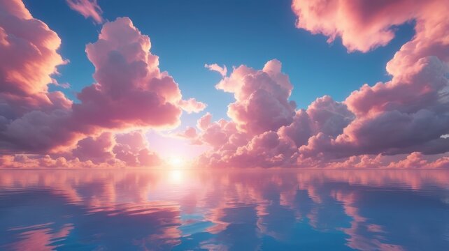 Romantic blue sky with pink clouds at sunset, serene backdrop