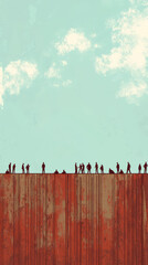 Obraz premium A stark silhouette of figures against a rusty, weathered fence, their forms echoing a timeless struggle for unity and connection.