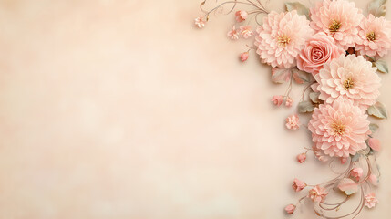 Obraz premium Soft pink blooms adorn the corner of a beige backdrop, perfect for wedding invites or gentle greeting cards.