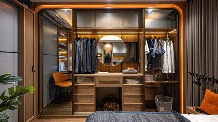 Mirror: A large, reflective piece mounted on the wall or a wardrobe, allowing you to view your appearance and reflecting light to create a sense of more space.
