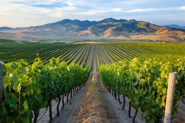 Fototapeta premium Sprawling vineyards stretch out beneath a majestic mountain range at sunset, capturing the beauty of the grapevines in the foreground and the golden hues of the sky.