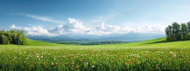 Fototapeta premium A lush green field filled with flowers beneath a blue sky In the distance, mountain ranges rise