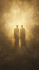 Two Silhouettes Stand United Against a Golden Sky, Their Forms Blending with the Cosmic Dust and Light.