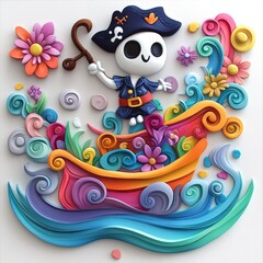 Whimsical 3D Claymation Pirate Ghost Floating with Glowing Hook Hand in Colorful Pastel Waves - Ultra HD Animation Cartoon Art